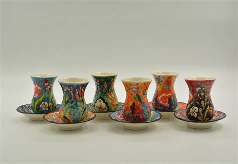 Turkish Ottoman Tea Ceramic Cups Set Of 6 Colorful Handpainted Etsy