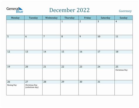 Guernsey Holiday Calendar For December 2022