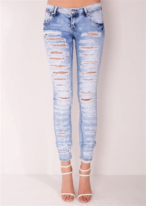 Mid Rise Multi Ripped Skinny Denim Jeans Light Blue