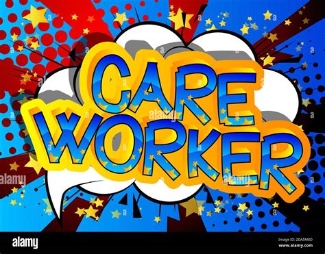 care worker comic book style cartoon words on abstract colorful comics background stock vector