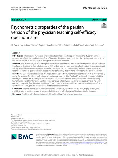 Pdf Psychometric Properties Of The Persian Version Of The Physician