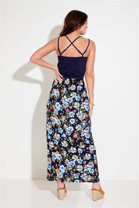 Cross Back Strappy Jersey Woven Mix Maxi Dress Navyblue Floral
