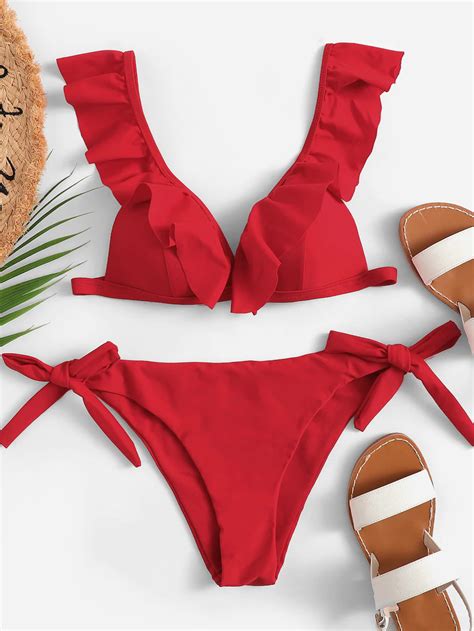 Ruffle Plunging Top With Tie Side Bikini Set Shein Bikinis Swimsuits Bikini Swimsuits