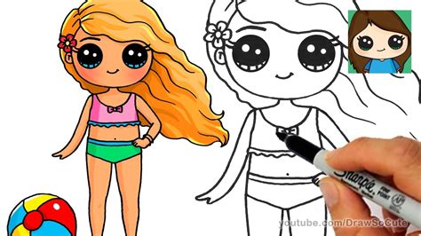 How To Draw A Cute Girl At The Beach In Swimsuit Easy Youtube