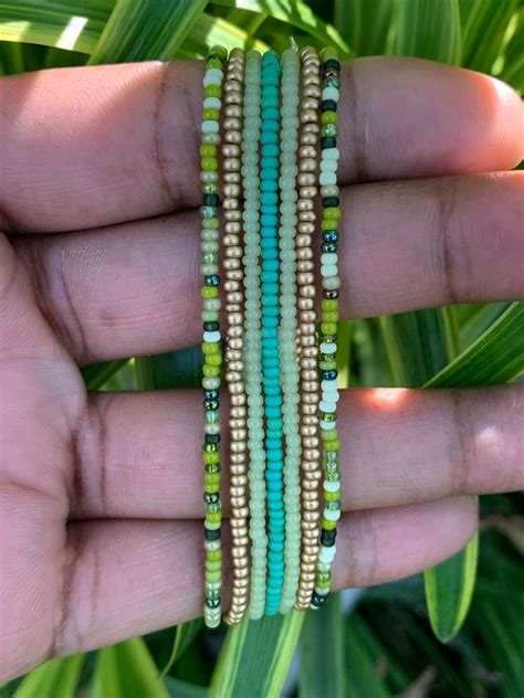 110 Green And Gold Seed Bead Bracelet Set Stretch Seed Bead Etsy