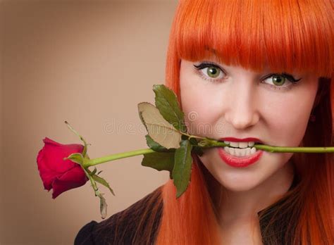 Woman With A Rose In Her Mouth Stock Image Image Of Beautiful Mouth