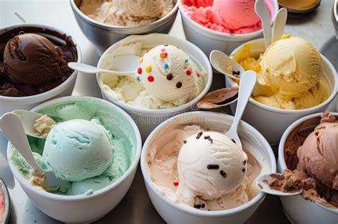Homemade Ice Cream In Variety Of Flavors And Toppings Stock Photo
