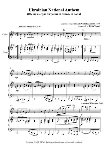 Ukrainian National Anthem For Violin Piano Mfao World National Anthem Series Free Music Sheet