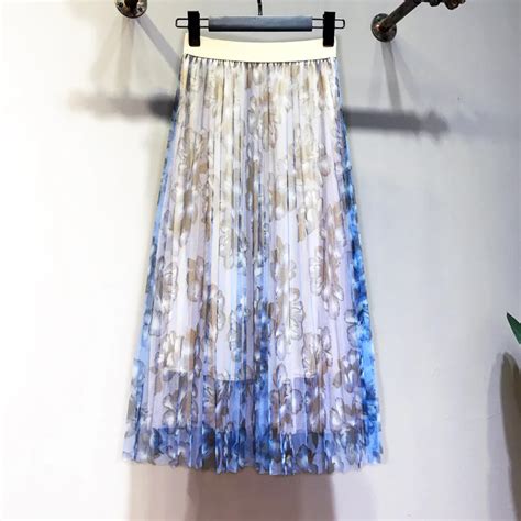 Quality Elegant Tulle Long Pleated Skirt Women 2018 Summer Floral Print