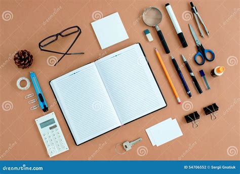 Office Supplies Neatly Organized Around Notebook Stock Photo Image Of