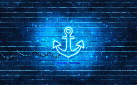 Download Wallpapers Anchor Neon Icon 4k Blue Background Neon Symbols