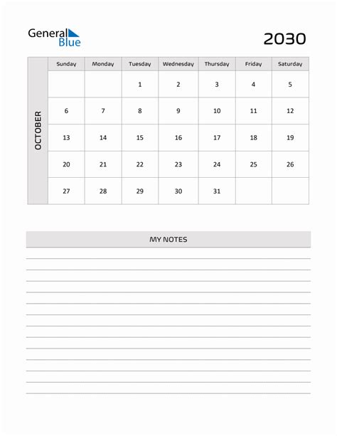 October 2030 Printable Monthly Calendar With Notes