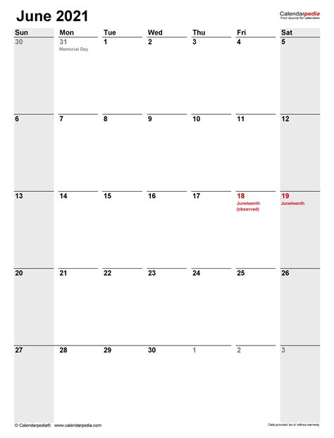 June 2021 Calendar Templates For Word Excel And Pdf