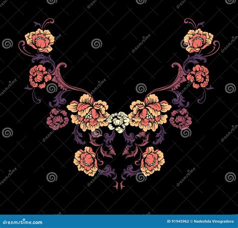 Floral Neck Embroidery Design In Baroque Style Stock Vector