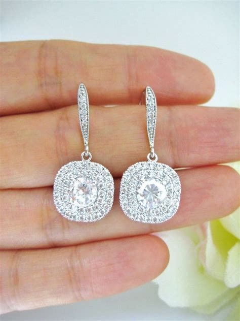 Lux Square Cut Cubic Zirconia Earrings Halo By Allyourjewelry Bridal