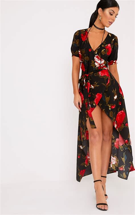 Black Floral Wrap Maxi Dress Prettylittlething Usa