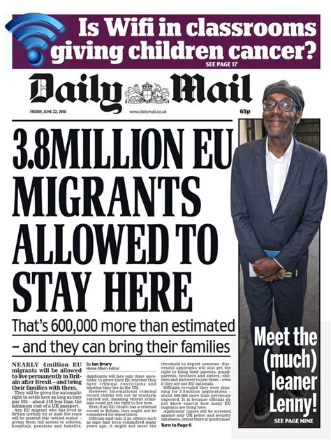 Daily Mail Front Cover Angry That 38 Million Eu Migrants Eu