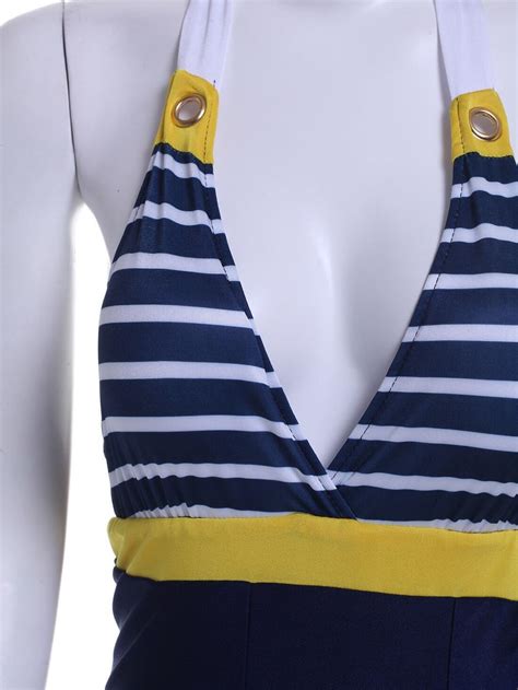 Navy Halter Striped Backless Swimwear Sheinsheinside