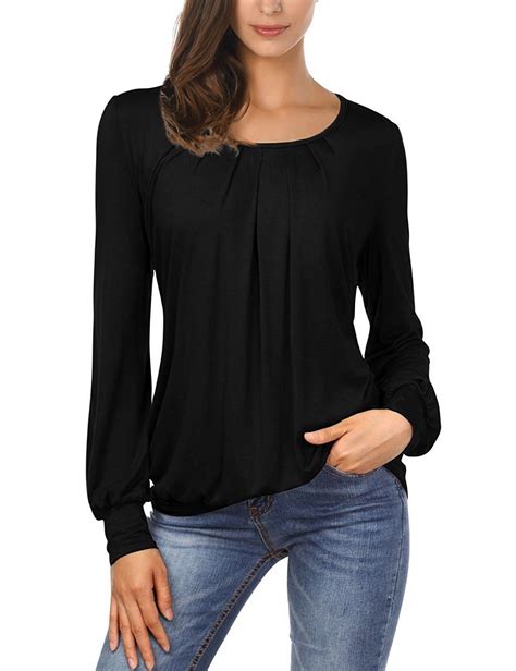 Womens Pleated Front Round Neck Long Sleeve Blouse Tunic Top Black