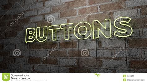 Buttons Glowing Neon Sign On Stonework Wall 3d
