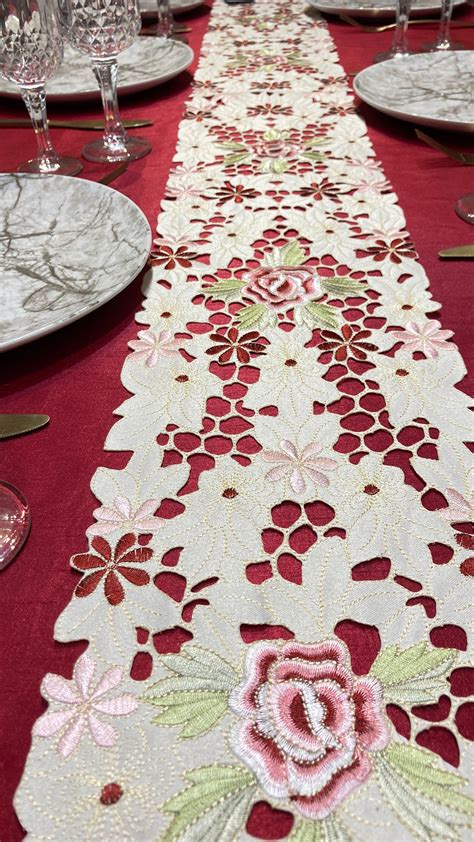 Embroidered Narrow Long Table Runner With Flower Designssize Etsy
