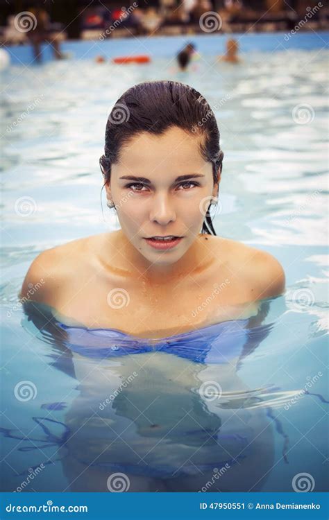 Beautiful Brunette Woman In Swimsuit On The Beach Alone Relaxing Stock Image Image Of Pool