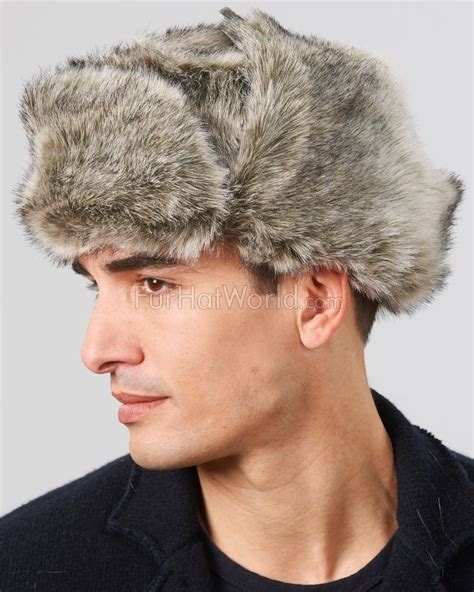 Detailed catalog description and prices. Grey Faux Fur Russian Ushanka Hat: FurHatWorld.com