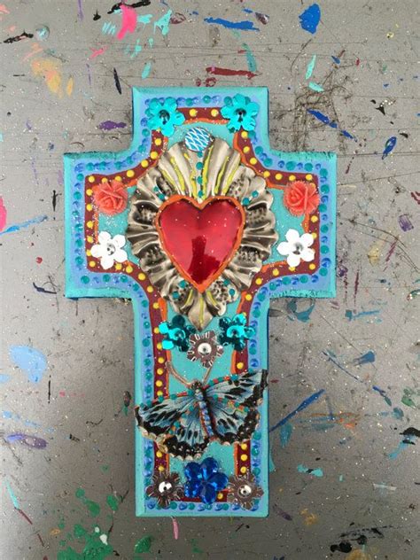 Sacred Heart Tin Ornament Ex Voto On Wooden Cross Mexican Metal