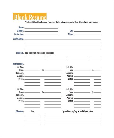 Free Blank Resume Forms Printable Printable Forms Free Online