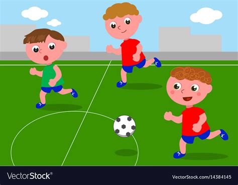 Friends Playing Soccer In Football Field Vector Image