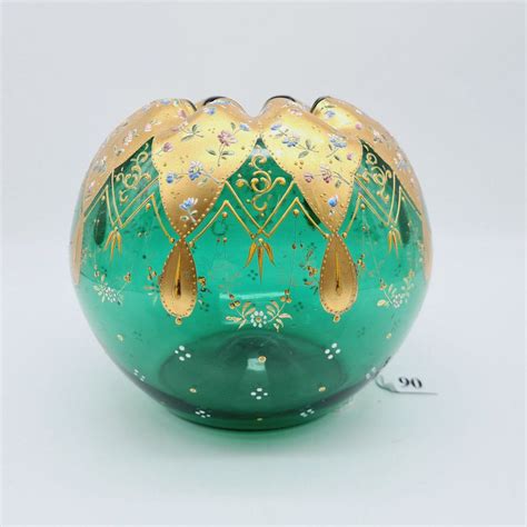 19th Century Moser Green Glass Vase With Enamel Flowers European Glass