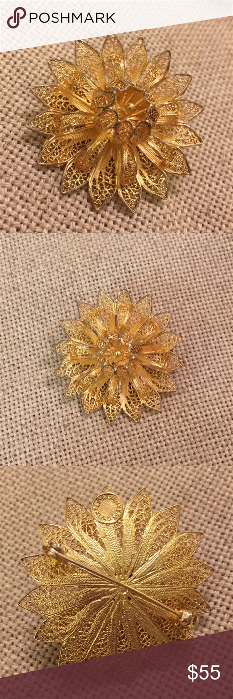 A Caviness Gold Plated Sterling Filigree Flower Vintage Brooch