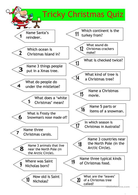 If you are looking for a fun and free quiz, look no further! Quiz - Tricky Christmas Quiz worksheet - Free ESL ...