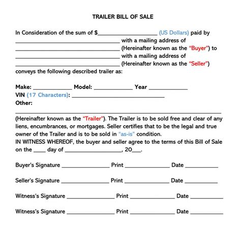 Trailer Bill Of Sale Form Free Forms And Templates