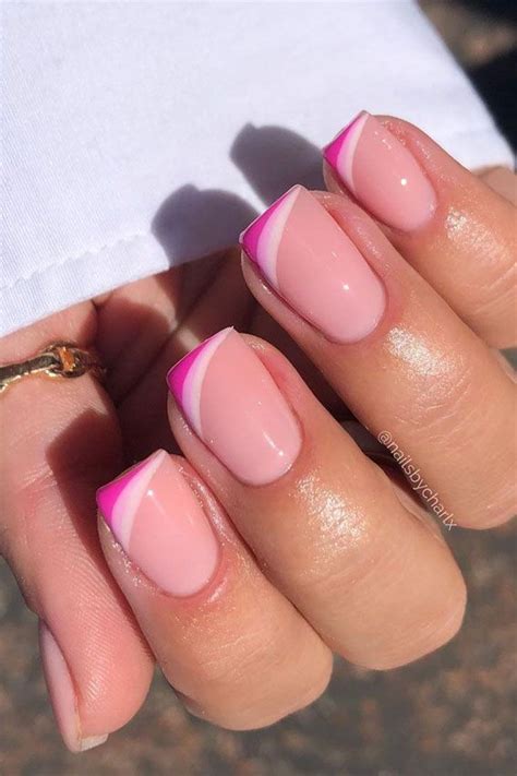 25 cute coloured french tip nail ideas shades of pink asymmetric french nails pink tip nails