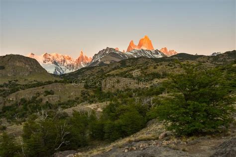 Sunrise At Fitz Roy And Cerro Torre Mountain Range Patagonia Stock
