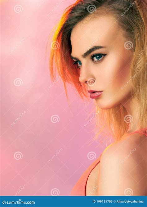Beautiful Girl With Makeup In Colorful Lights Stock Photo Image Of