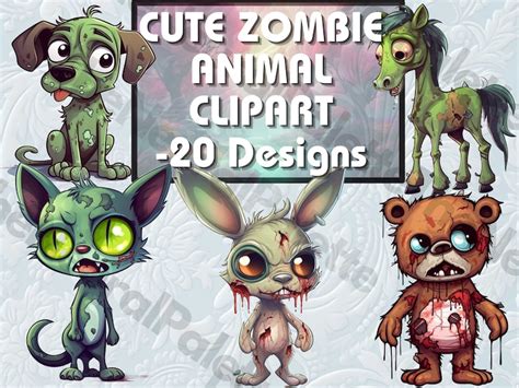 20 Designs Cute Zombie Animal Clipart Cartoon Etsy