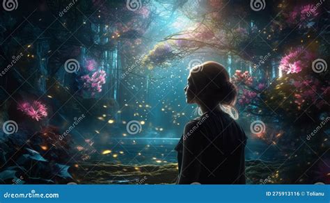 Mystical Wonder: a Woman S Gaze upon Enchanted Forest Stock