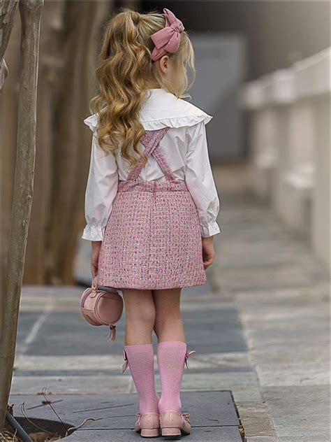 Girls White Blouse With Pink Overall Skirt Set In 2021 Dresses Kids