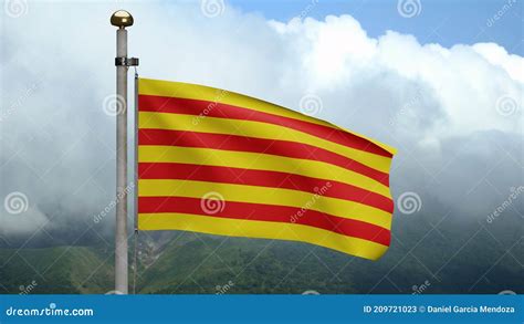 Catalonia Flag Waving In Wind At Mountain Catalan Banner Cloth Texture