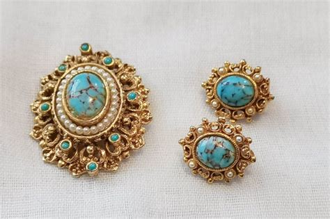 Victorian Revival Faux Turquoise Brooch And Earring Set Kikulu