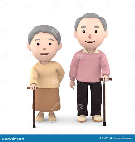 Old Couple Standing With Cane 3d Illustration Stock Illustration