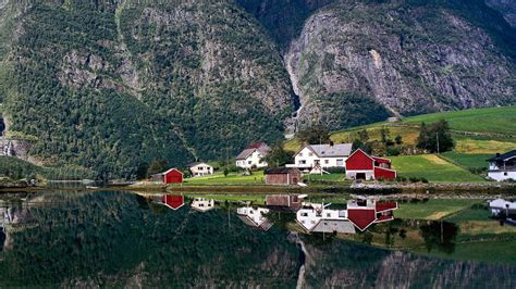 노르웨이 마을 호수 반사 유럽 여행 Pphotography 바탕 화면시사