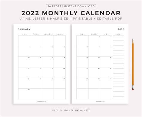 Calendario Mensual De 2022 En Dos Páginas Con Notas Pdf De Etsy