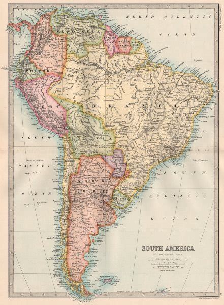 South America General Map Bartholomew 1890 Old Antique Plan Chart