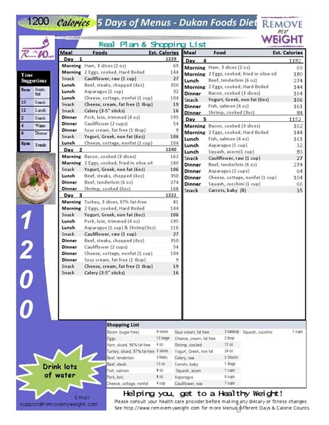 Printable 1200 Calorie Dukan Diet For Weight Loss With Shopping List