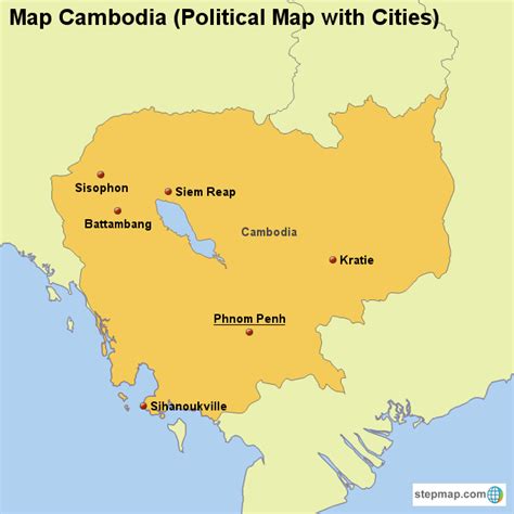 Stepmap Map Cambodia Political Map With Cities Landkarte Für Cambodia