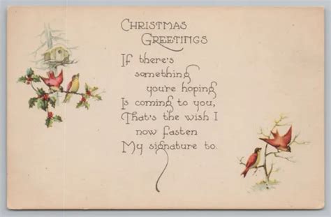 Holiday~birds On Holly Branch And Christmas Greeting Poem~vintage