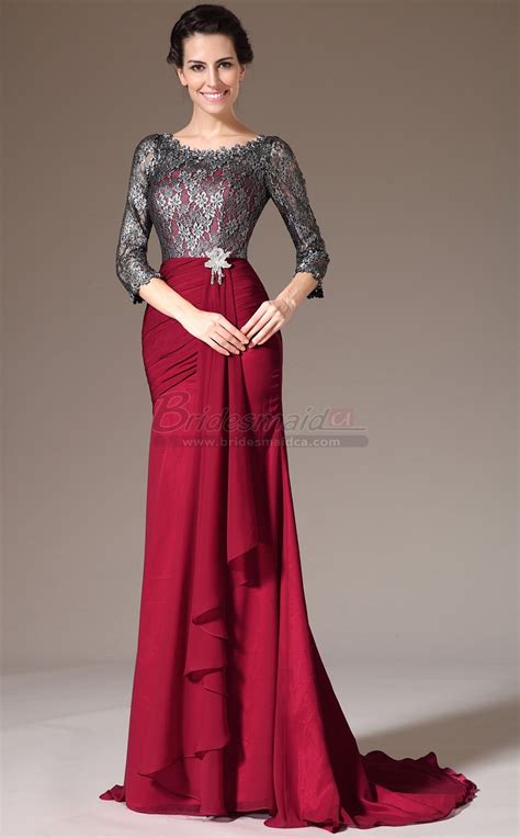 Burgundy Chiffon And Lace Long Scoop Neck Mermaid